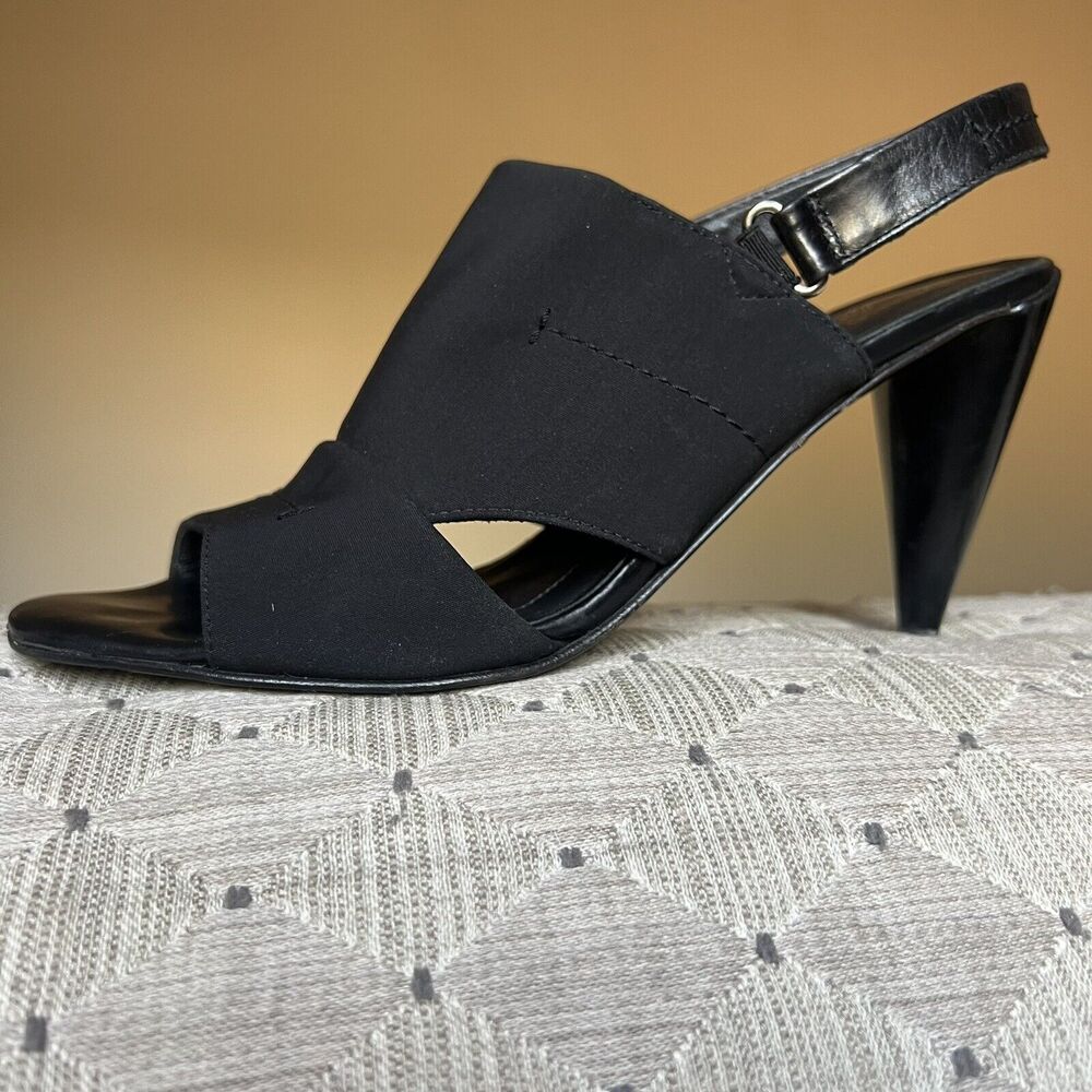 Donald J Pliner‎ Black Stretch Fabric Heeled Slingback Italian Sandals Women 8.5